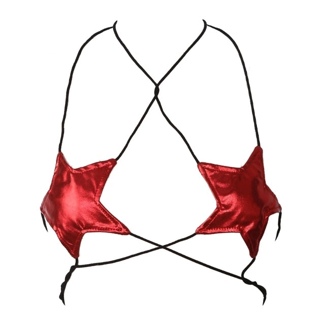 Womens Sexy Glitter Reflective Five-Pointed Star Bra Strappy Bandage Halter  Top 