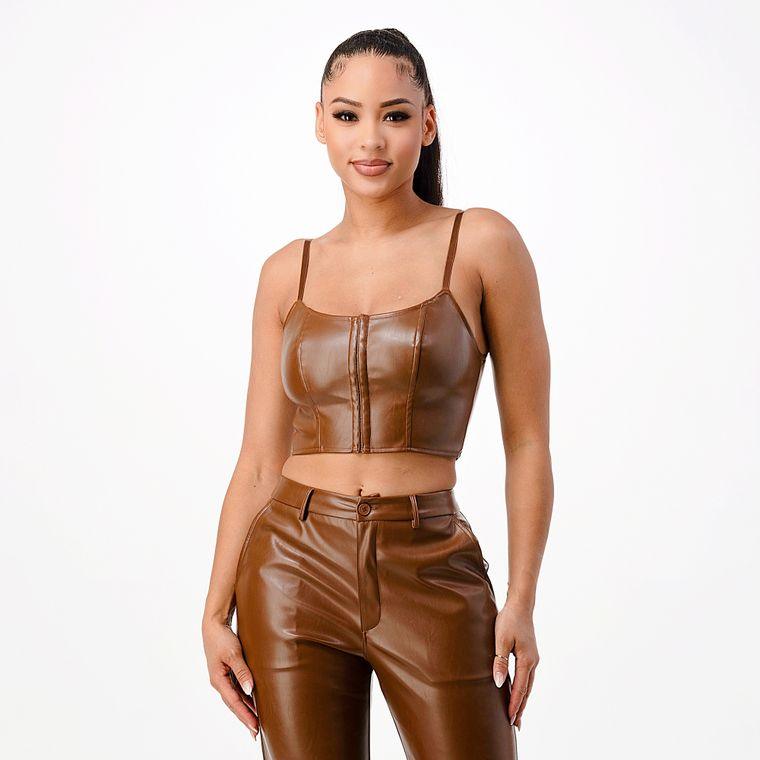 FAUX LEATHER CORSET CROP TOP/BROWN