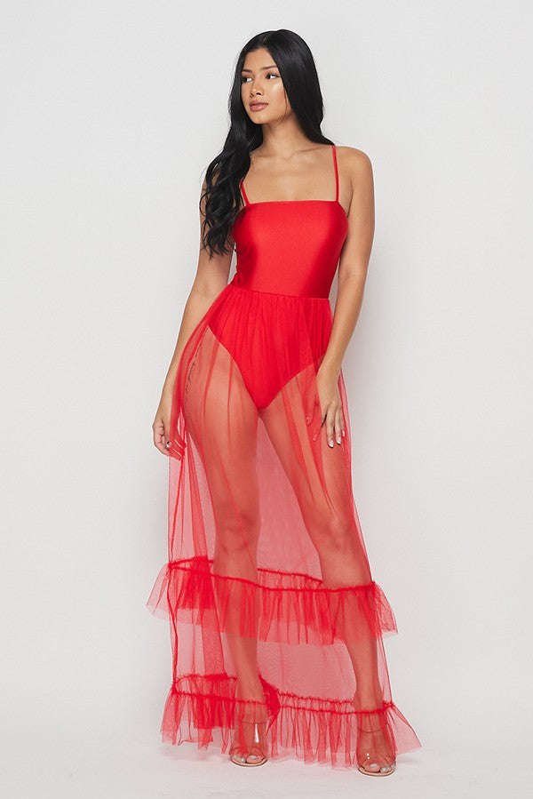 Mesh Red Tulle Bodysuit Dress - Mint Leafe Boutique