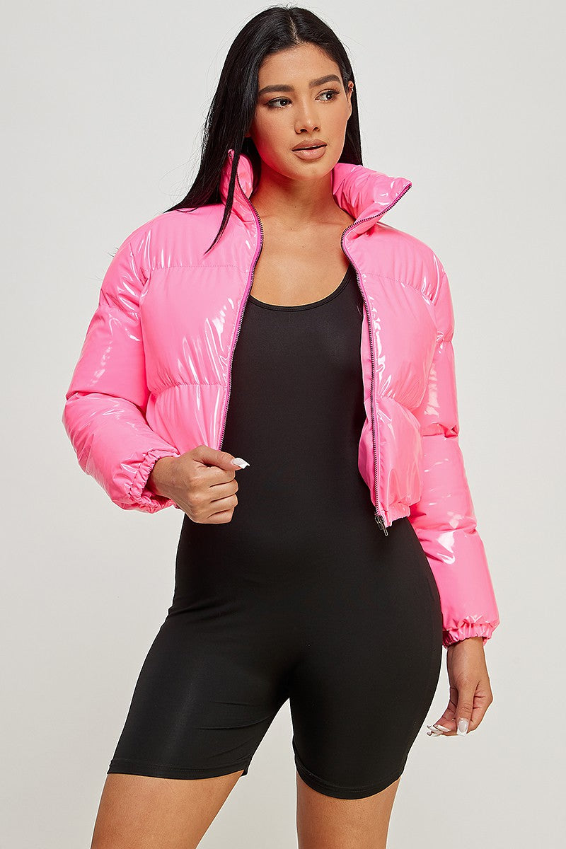 Bubble Gum Pink Glossy Pink Puffer Jacket