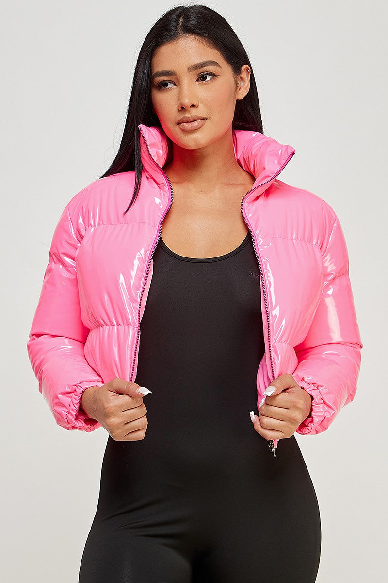 Bubble Gum Pink Glossy Pink Puffer Jacket