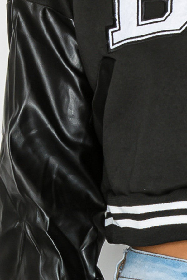 Black Letterman B Jacket with Leather Sleeves