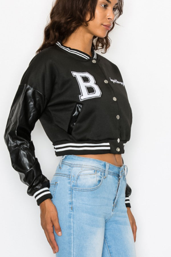 Black Letterman B Jacket with Leather Sleeves