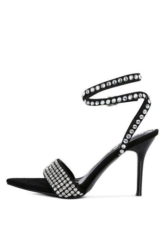 ZURIN Black High Heeled Diamante Sandals