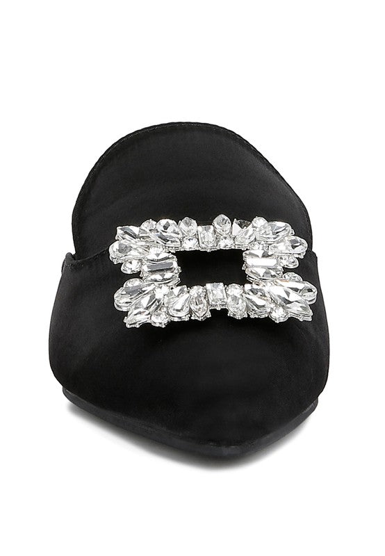 PERRINE Diamante Jewel Satin Mules in Black