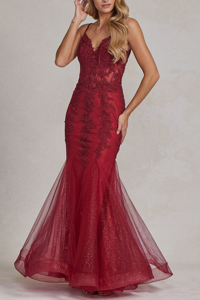 Burgundy Mermaid Silhouette Embroidered Gown - Prom & Evening Gowns