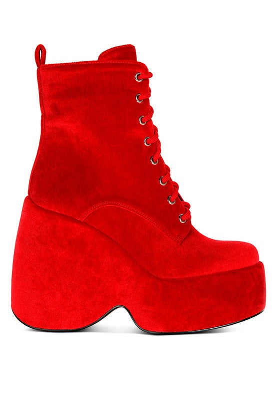 ASHCAN Red High Platform Velvet Ankle Boots