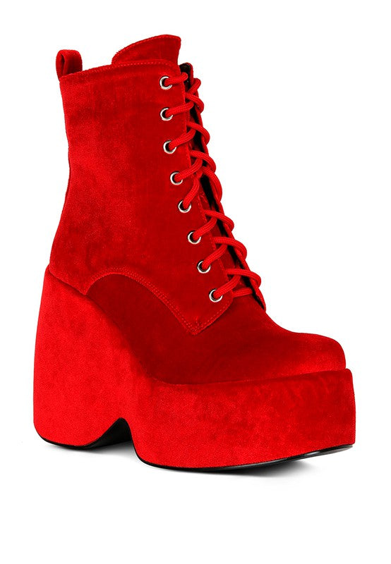 ASHCAN Red High Platform Velvet Ankle Boots