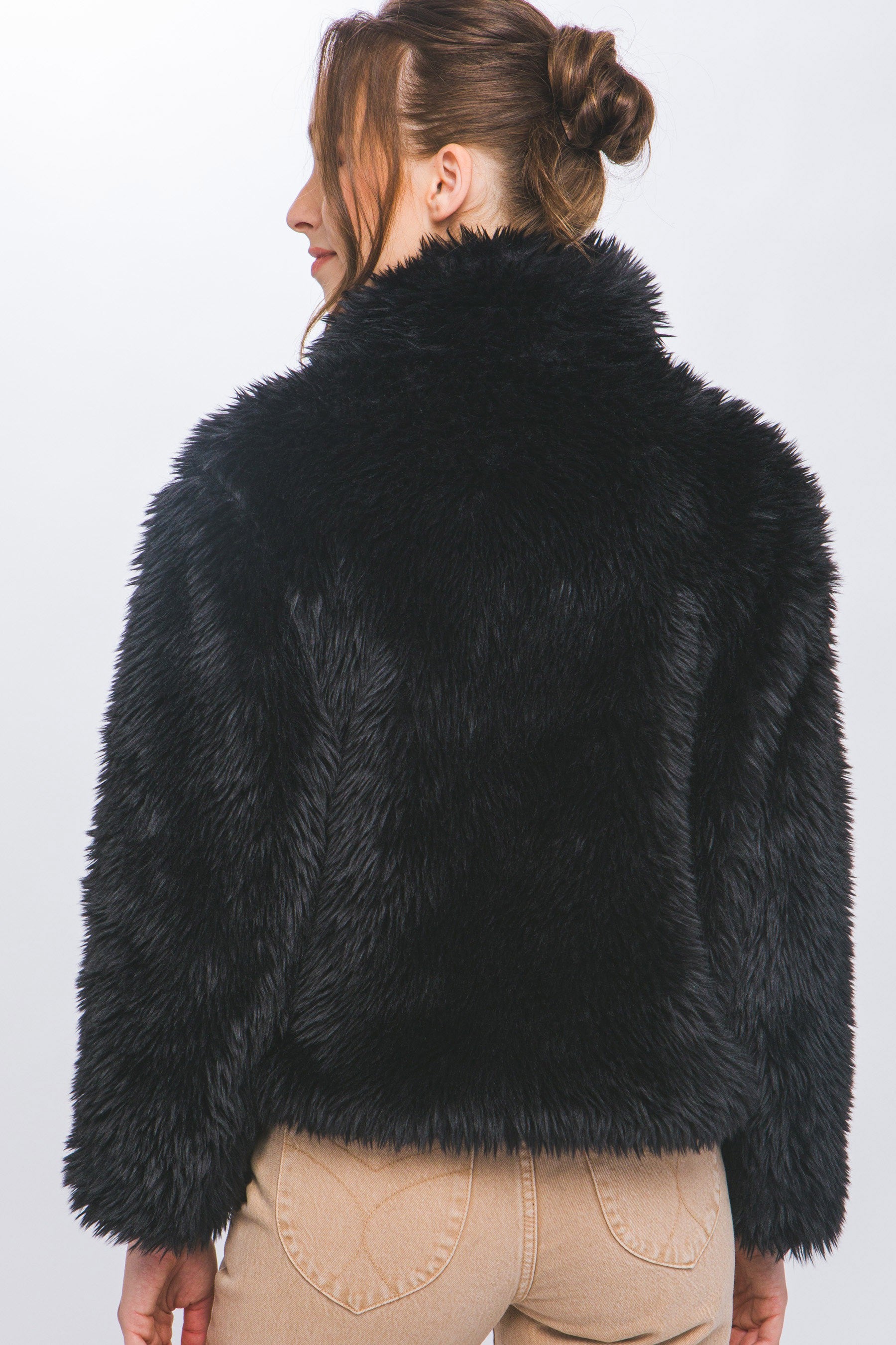 Black Mid Waist Faux Fur Coat