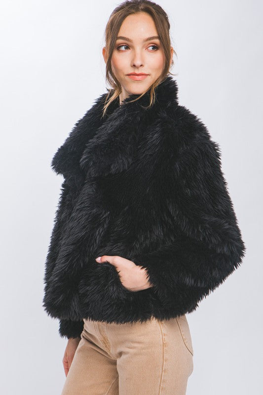 Black Mid Waist Faux Fur Coat
