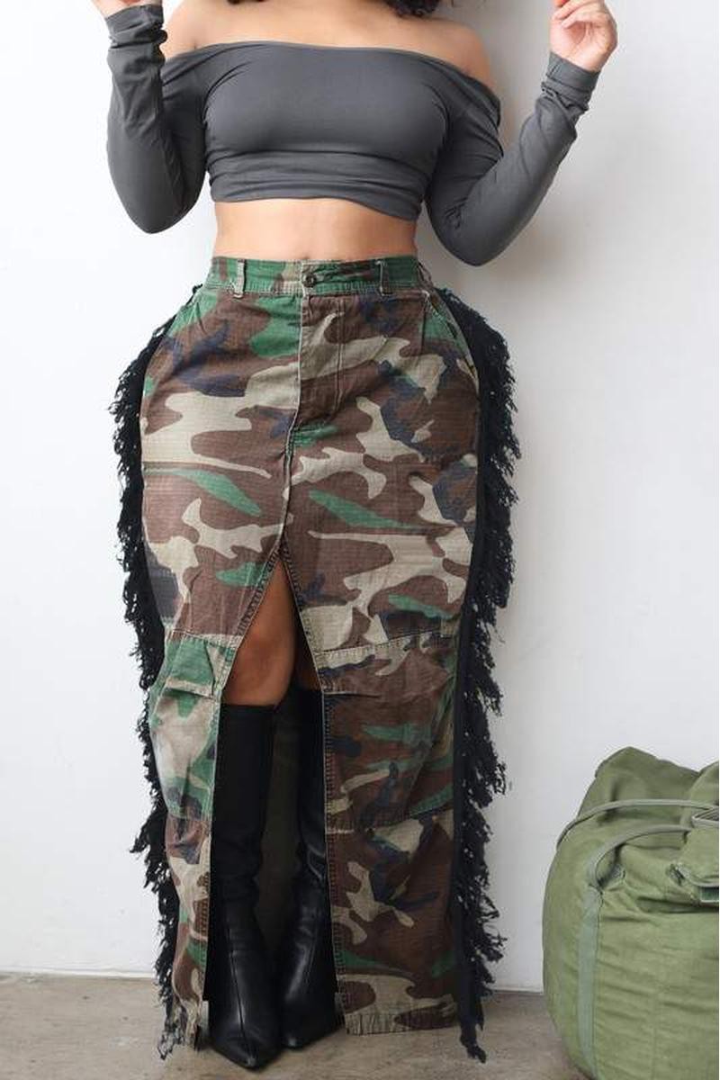 High Waist Tassel Camo Skirt with Slit - Mint Leafe Boutique
