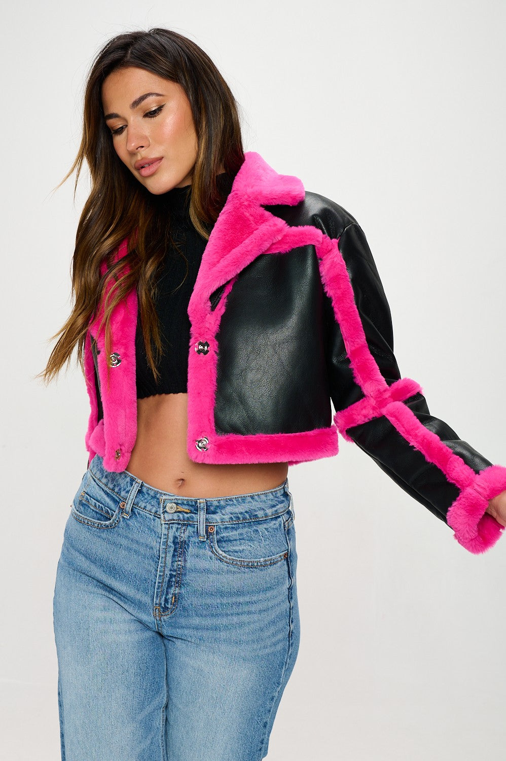 “Goonica” Cropped Faux Leather Jacket