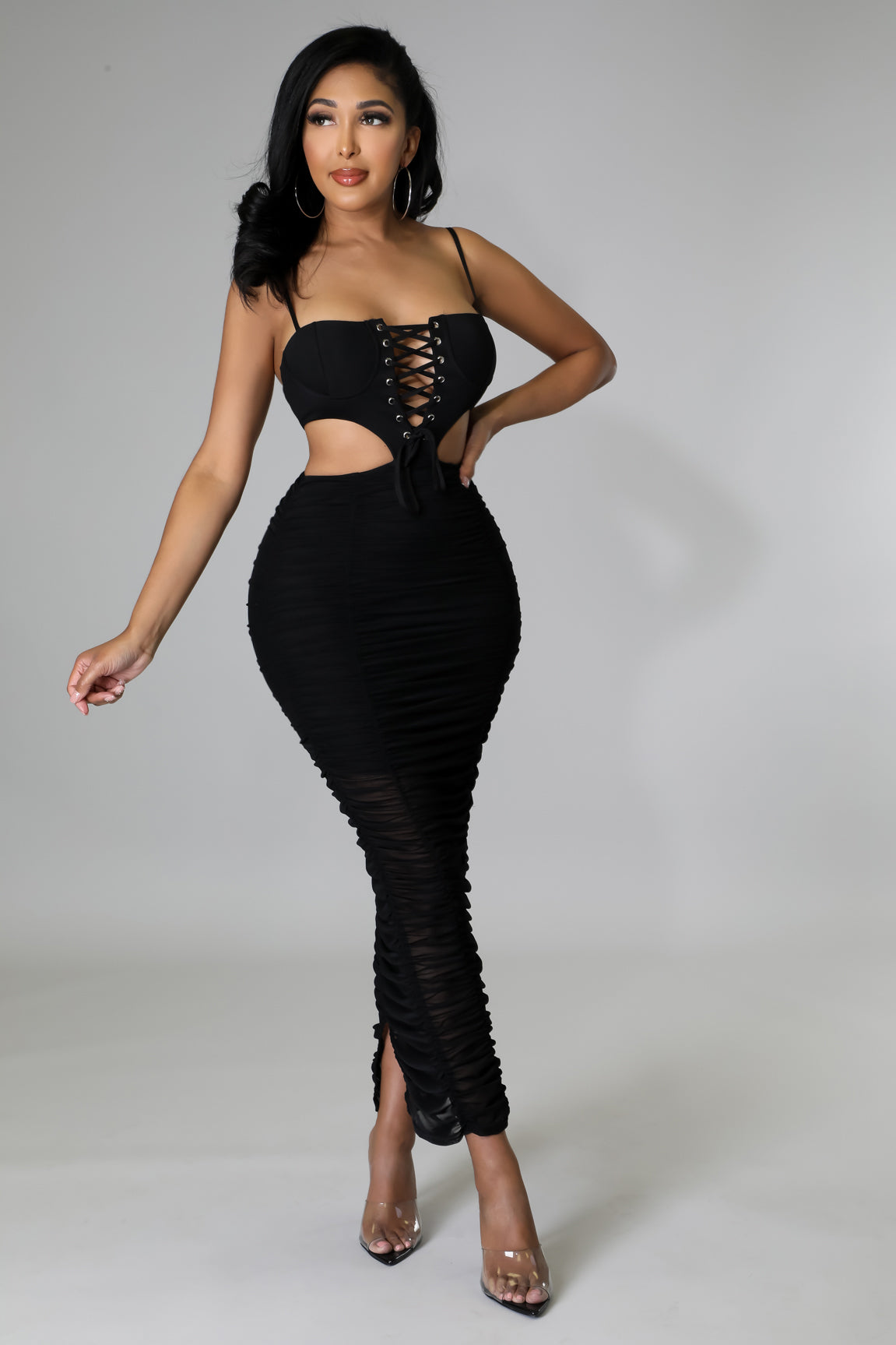 "Pretty Woman" Ruched Mesh Cut Out Dress