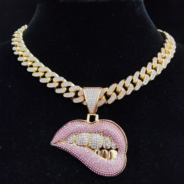 Bite Lip Shape Pendant Necklace Crystal Cuban Chain Iced Out Bling