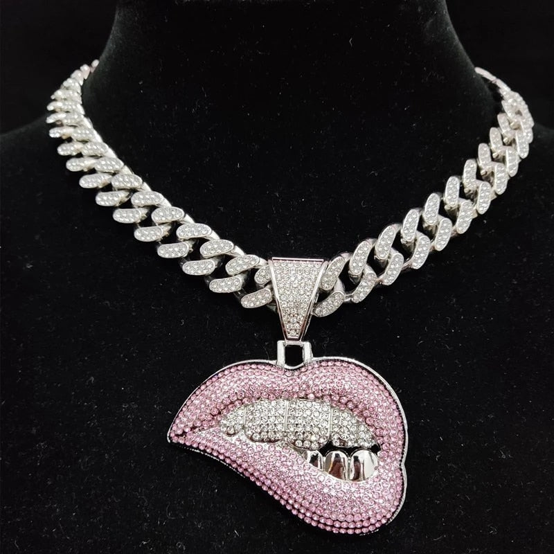 Bite Lip Shape Pendant Necklace Crystal Cuban Chain Iced Out Bling