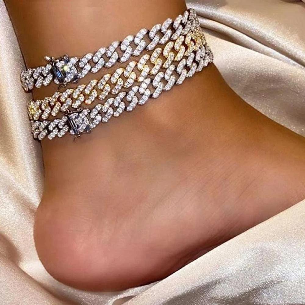 Foot Rhinestone Cuban Link Anklet - Anklets - Mint Leafe Boutique 