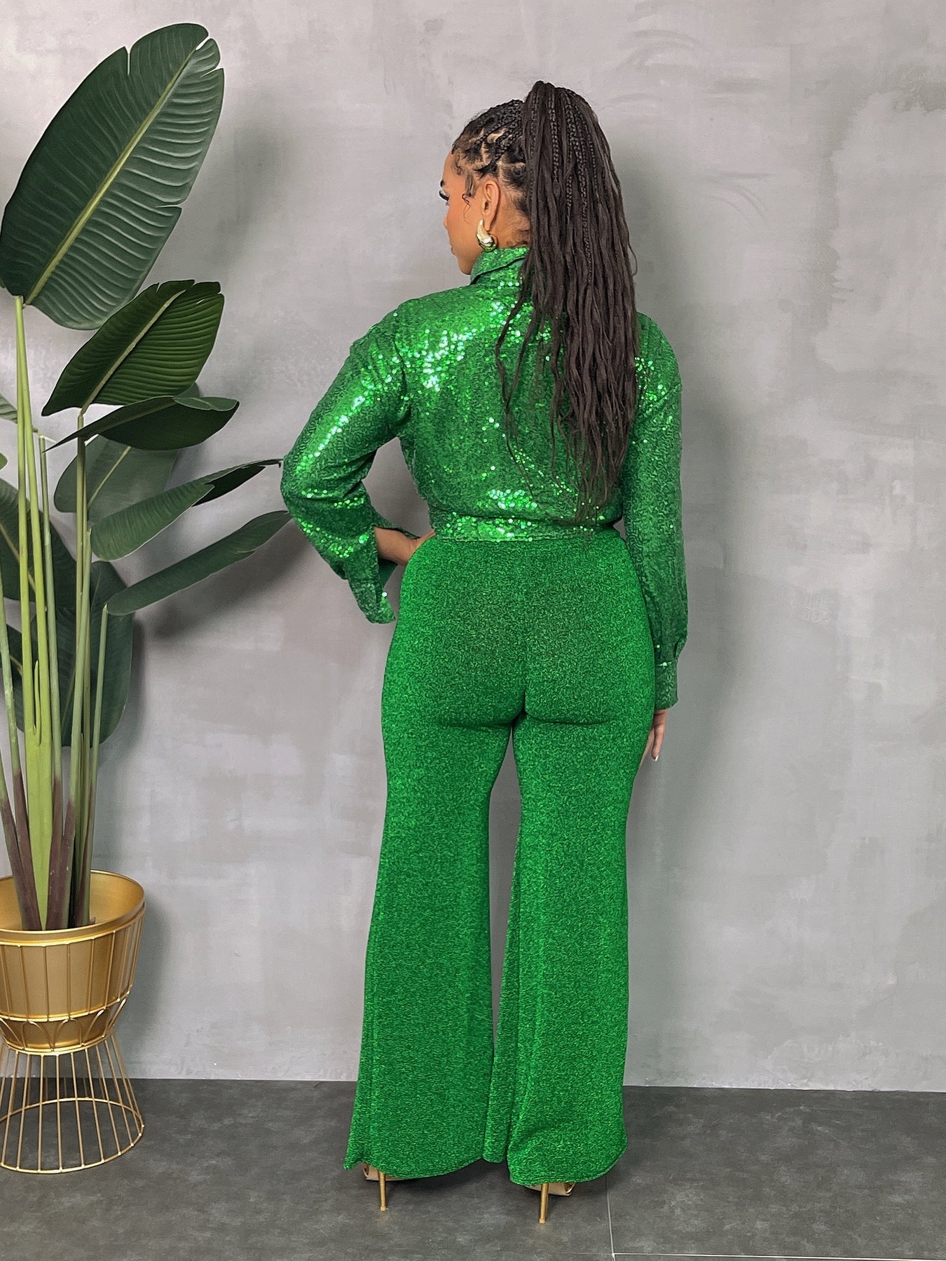 Green Sequins Button Down Top
