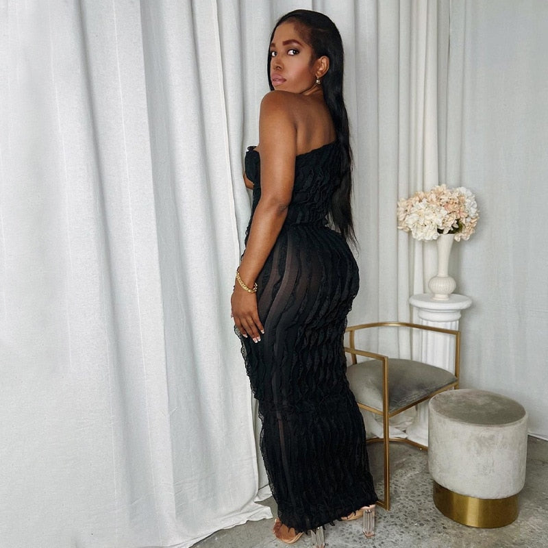 One Shoulder Solid Sleeveless Backless Sexy See Through Maxi Dress 