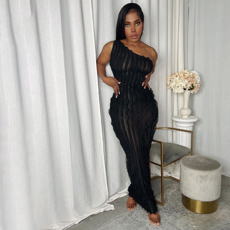 One Shoulder Solid Sleeveless Backless Sexy See Through Maxi Dress 