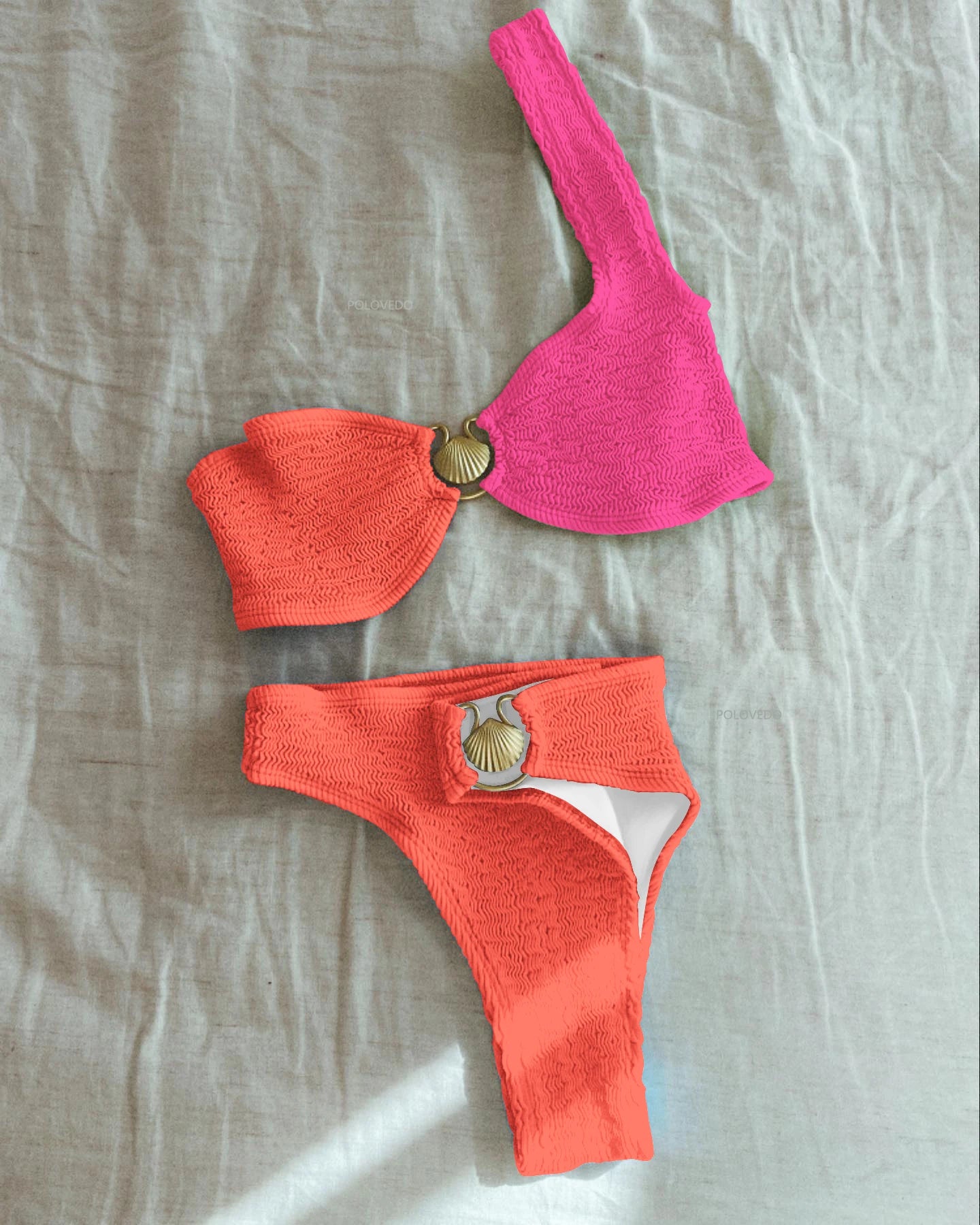"Gloria" Orange Pink Pleated Bikini  Swimsuit