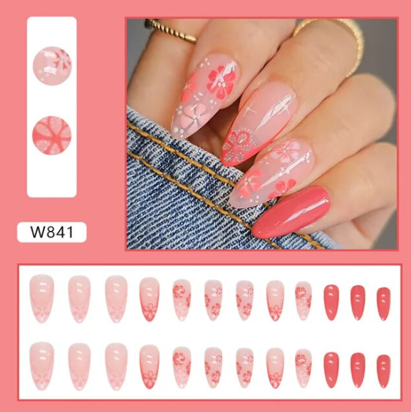 "Blue Moon" Pink flowers Press On Nails