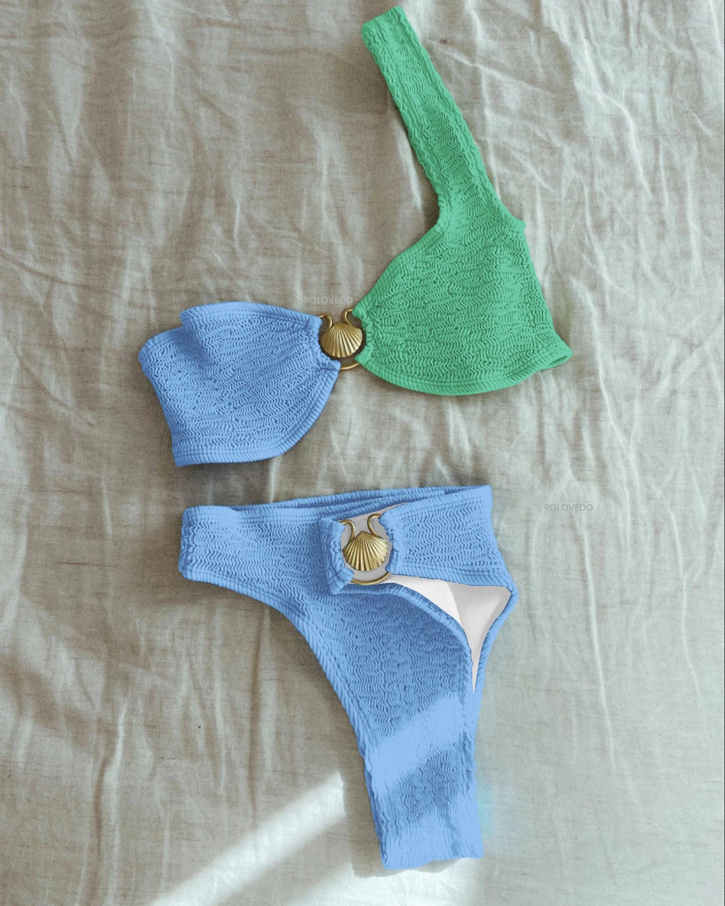 "Mia" Blue Green Pleated Cut Out Bikini Swimsuit