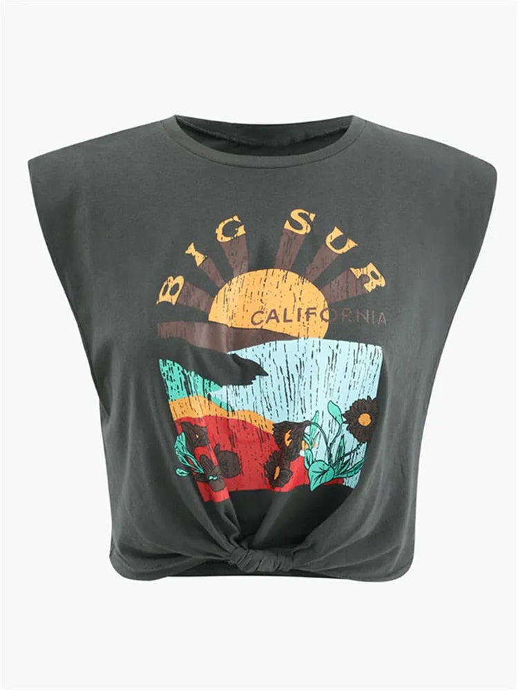 Big Sur Graphic Padded-Shoulder Knot Hem T-Shirt