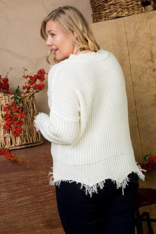 White Distress Sweater Curvy - Mint Leafe Boutique 
