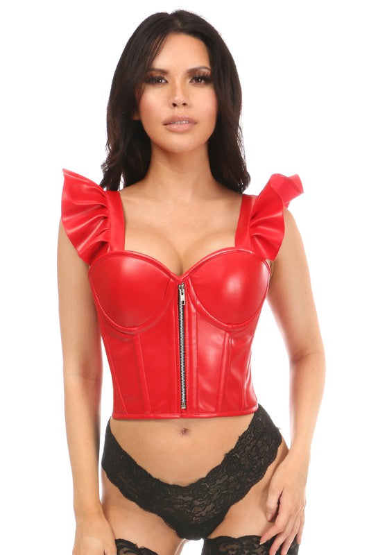 Red Faux Leather Bustier Top w/Ruffle Sleeves