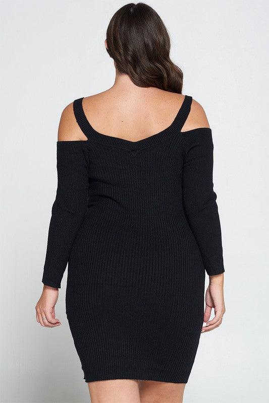 Curvy Cold Shoulder Ribbed Dress Black - Mint Leafe Boutique 