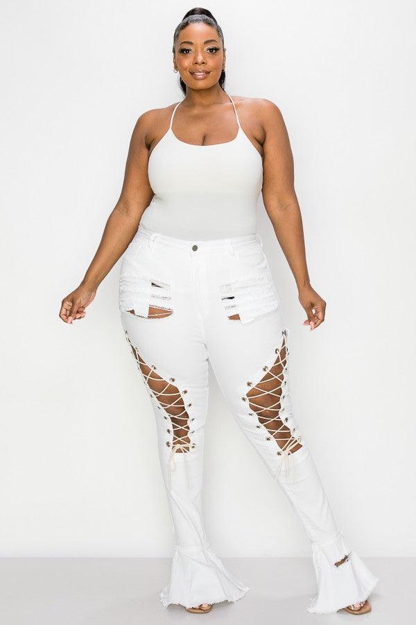 "Sexy" Curvy Flare  Distress Jeans - Mint Leafe Boutique 
