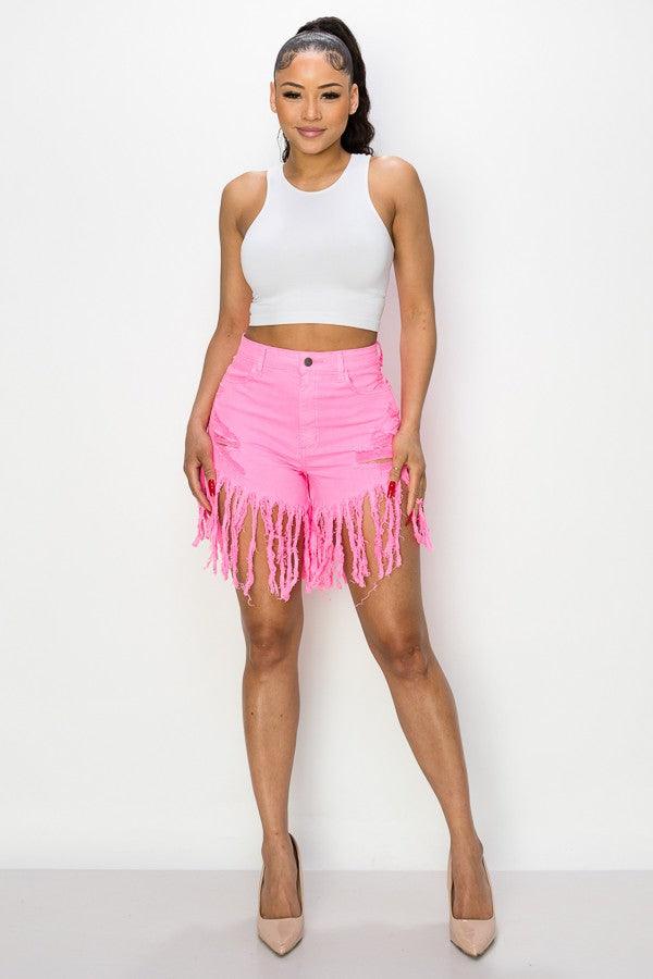 Pink Fringe Denim Shorts - Mint Leafe Boutique 