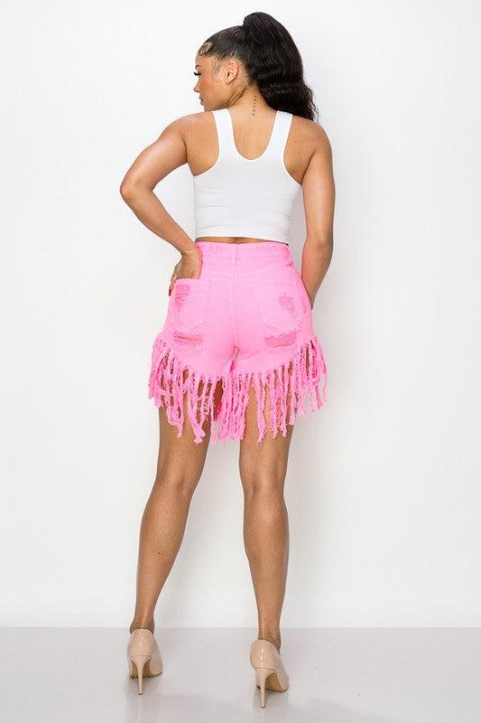 Pink Fringe Denim Shorts - Mint Leafe Boutique 