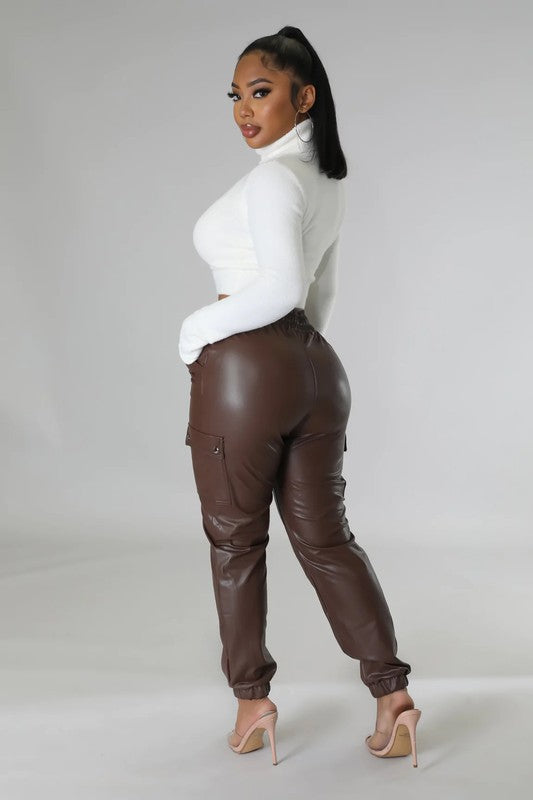 Brown Faux Leather Jogger Pants