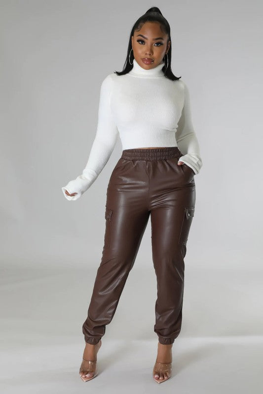 Brown Faux Leather Jogger Pants