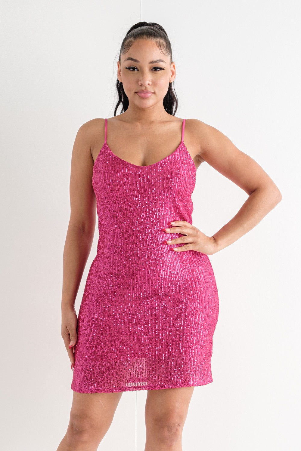 Sequins Pink Spaghetti Strap Midi Dress