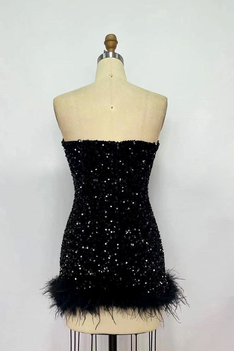 "Its a bday thing" Black Sequins Feather Mini Dress
