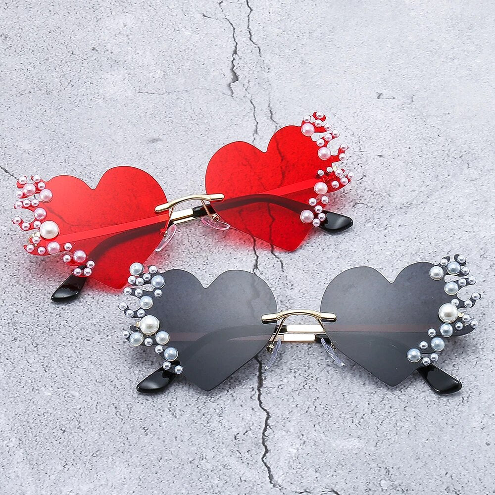 Rimless Heart Sunglasses with Pearls