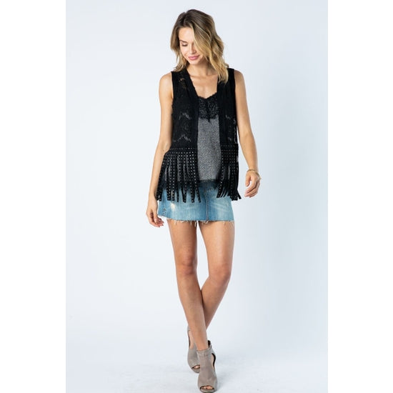 Lace Vest With Studded Fringes