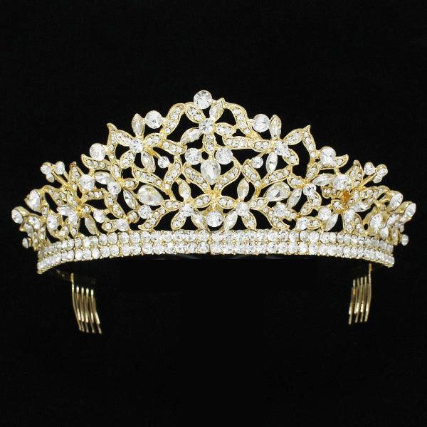 Gold Flower Crystal Crown Tiara with Comb - Mint Leafe Boutique 