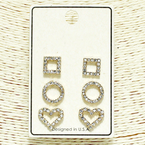 Gold Heart & Geometric Stud Earring Set