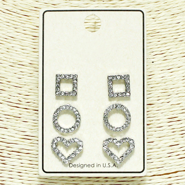 Silver Heart & Geometric Stud Earring Set