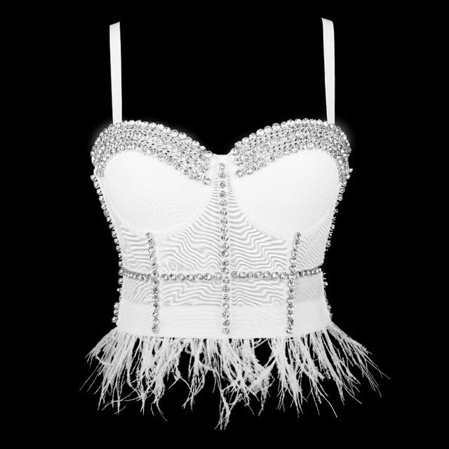 "30's Era" White Vest Push Up Bustier with Feathers