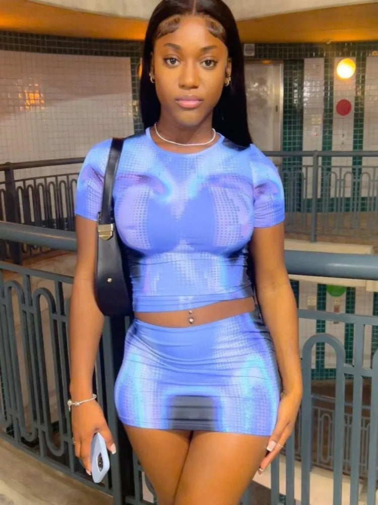 'Fashion in 3D' Blue Two Piece Skirt Set