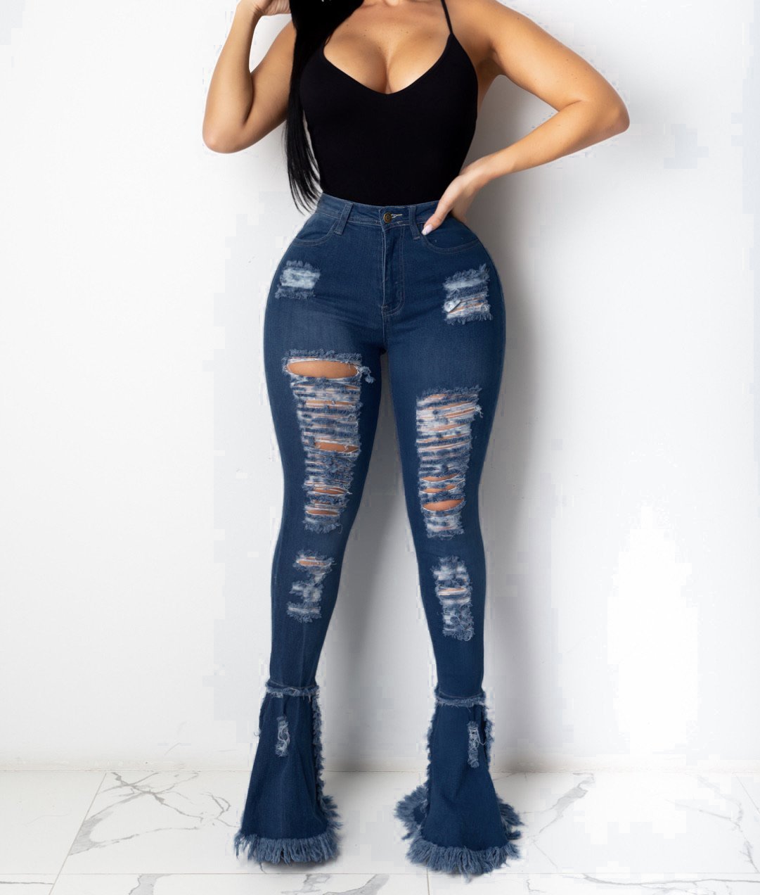 Distress High Rise Ankle Flare Jeans
