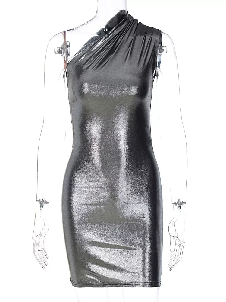 One Shoulder Metallic Mini Dress