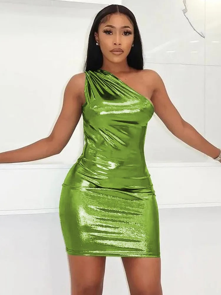 Neon Green One Shoulder Metallic Mini Dress