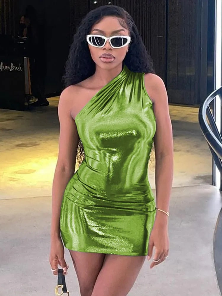 Neon Green One Shoulder Metallic Mini Dress