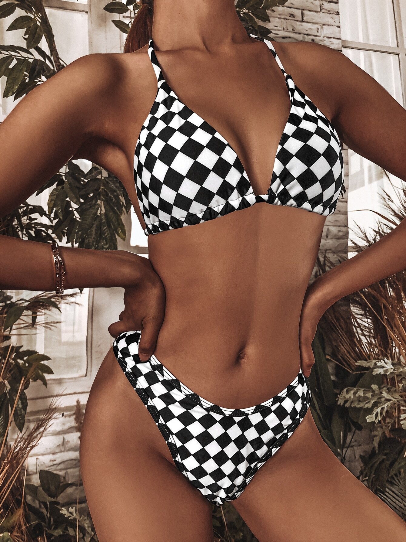 3 Pc Checkered Print Bikini Swimsuit