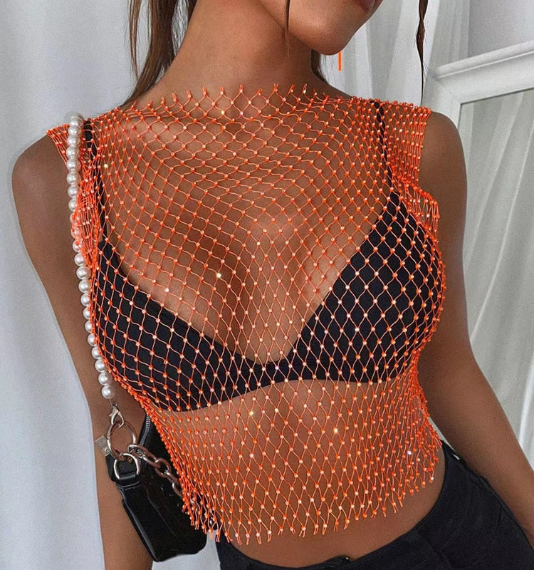 orange fishnet crop top